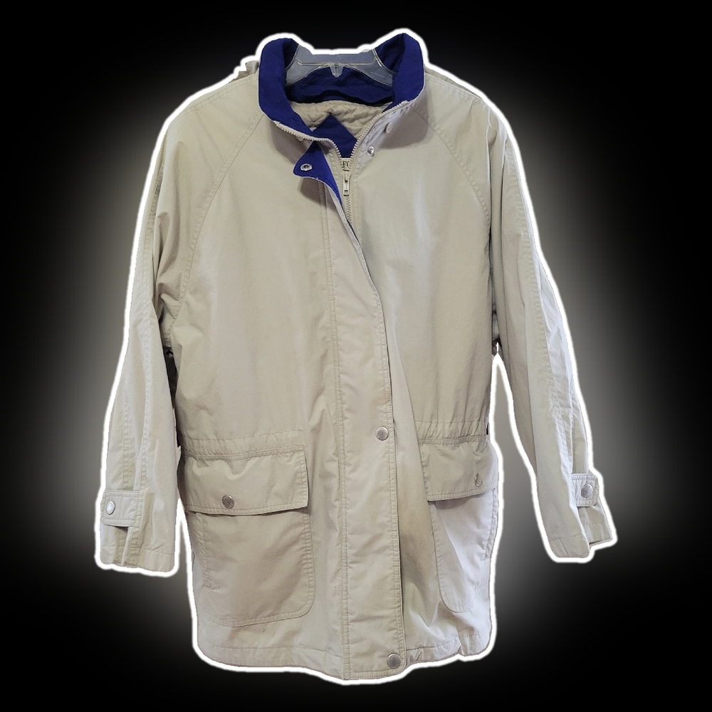 London Fog Lg beige navy winter coat zip out lining removable hood
